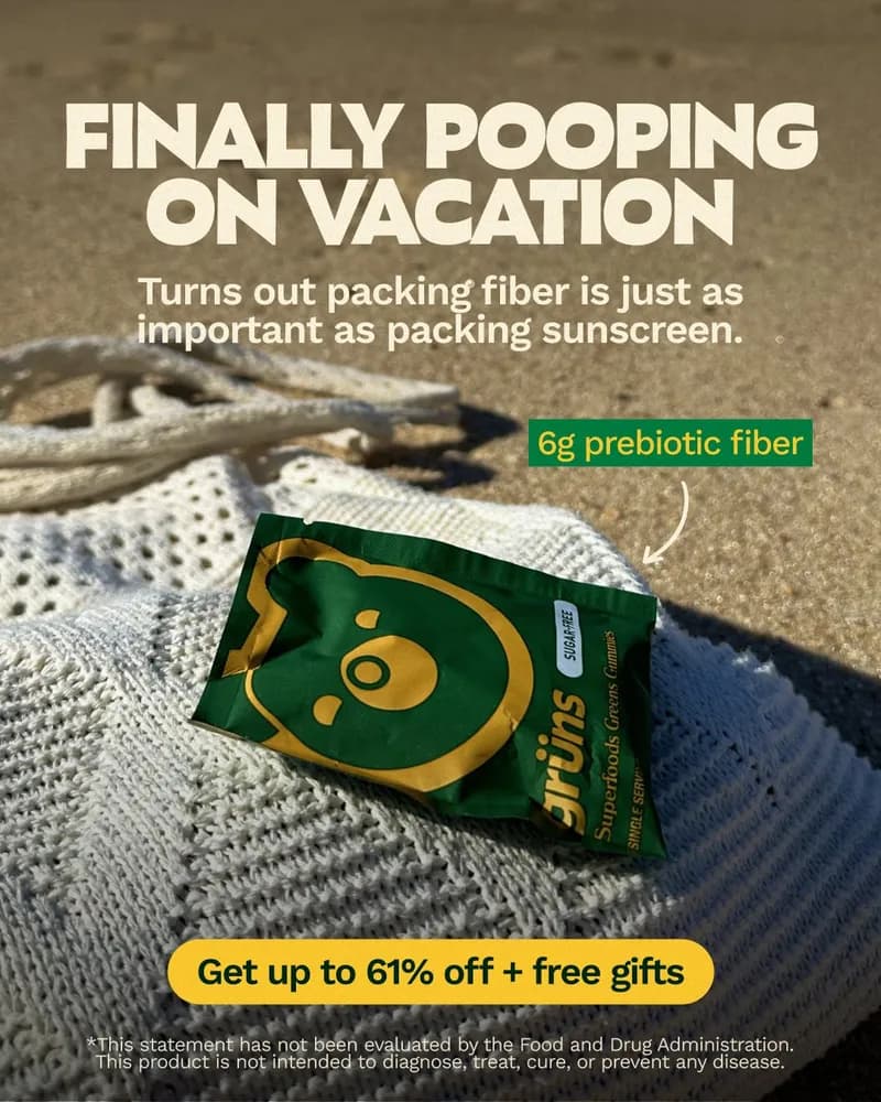 Sample Meta ad creative: greens gummies pack on a beach blanket with a vacation-themed headline