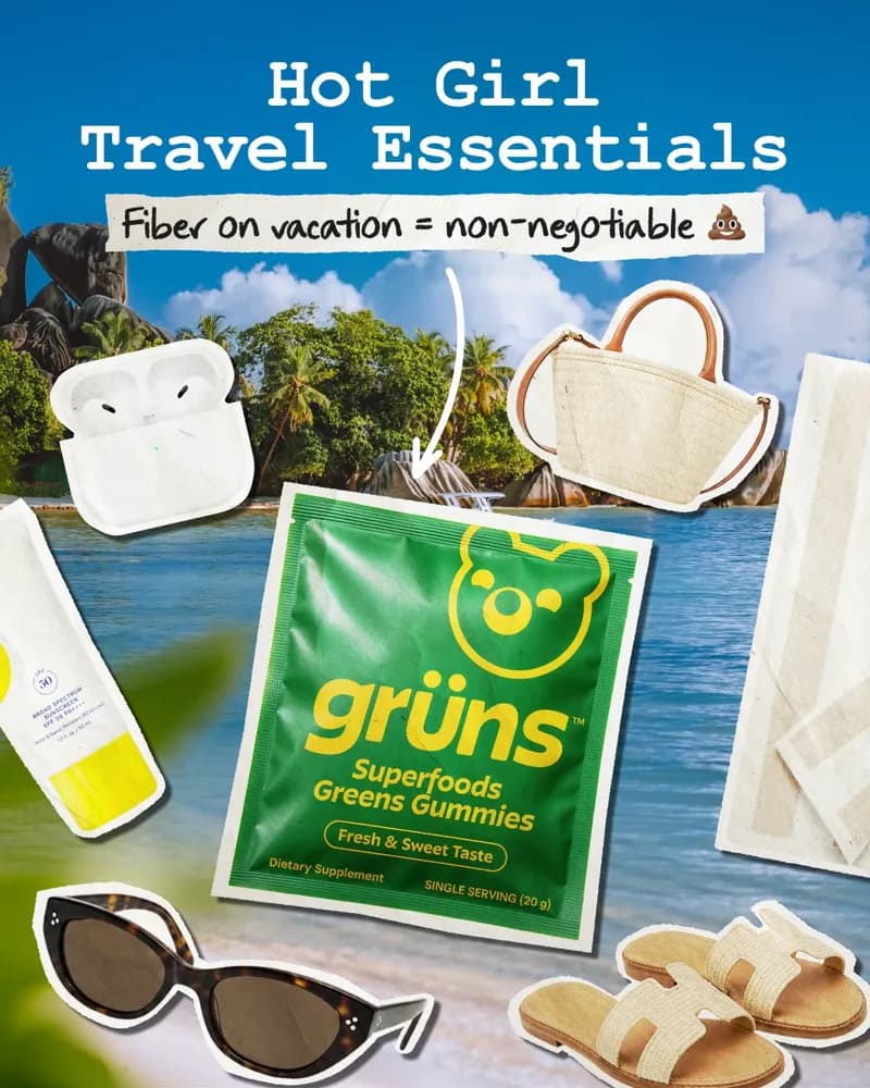 Sample Meta ad creative: travel essentials collage featuring a greens gummies pack